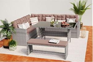 CONCEPT USINE | Salon de Jardin Angle Résine Tressée 8 Personnes | Moorea Salon Gris Clair Coussin Café | 1 Table Haute Plateau Verre + 2 Canapés + 1 Banc Coussins Déhoussables Imperméables