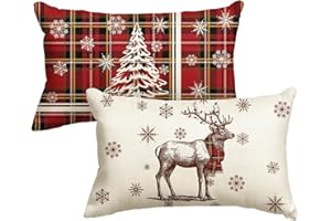 Artoid Mode Lot de 2 housses de coussin décoratives pour canapé, motif à carreaux, sapin de Noël, renne et flocons de neige, 30 x 50 cm, rouge