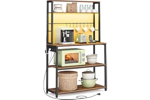 VASAGLE Coffee Bar with LED Lights, Kitchen Bakers Rack with Power Outlet, Microwave Stand with Adjustable Shelves, 8 Hooks, 40 x 80 x 168.4 cm, Rustic Brown and Matte Black KKS050KD02