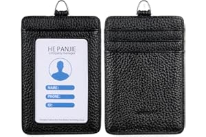 ADENPVN Uchwyt na identyfikator ze skóry bydlęcej ze smyczą (skóra licowa, 7,6 cm x 11,4 cm), 1 przezroczyste okienko na dowód osobisty i 3 przegródki na karty, nylonowa smycz na szyję z obrotowym i zdejmowanym metalowym zapięciem, pionowe uchwyty na plakietki z imieniem