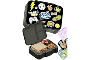BEARFOOT Pudełko bento, śniadaniówka dla dzieci, bez BPA, do szkoły i przedszkola, szczelne pudełko na lunch dla dziewcząt i chłopców, praktyczne, lekkie i kompaktowe, czarne z naklejkami, 650 ml