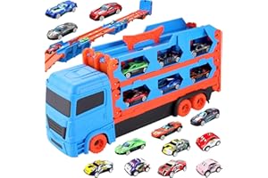 KUPITM6 Transport Truck Toys Cars for Boys Ages 3 4 5 6, Portable Car Transporter Toy, Double-Layer Foldable Race Track Truck with 6 Race Cars, 6 Pull Back Cars, Carrier Truck Toys Set for Kids Boys Girls