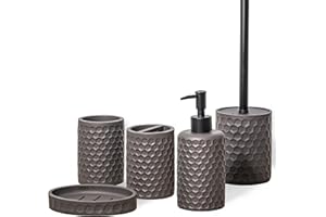 zccz Bathroom Accessories Set 5 Pcs - Soap Dispenser, Toilet Brush Holder, Toothbrush Holder, Bathroom Tumbler, Soap Dish - Vintage Bathroom Accessory Set Decor Countertop Vanity Organizer, Warm Grey