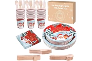 Anstore Festive Santa Christmas Tableware Set for 25 Guests, 200 Pcs Santa & Tree Design Plates, Christmas Plates Dinner Set Cups, Cutlery & Napkins, Xmas Party Supplies with Wooden Utensils