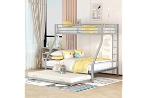 Ctastay Letto a Castello per Bambini, Letti Singolo 90x200 e 140x200, Letto Estraibile 90x190, Tre Letti e Quattro Posti, Struttura in Metallo, Argento, Senza Materasso