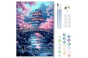 MOGTAA Dipingi con i numeri, per adulti e principianti, con cornice, paesaggio con numeri, per adulti, bambini, pittura a olio fai da te, fiori di ciliegio, artigianato artistico per decorazione