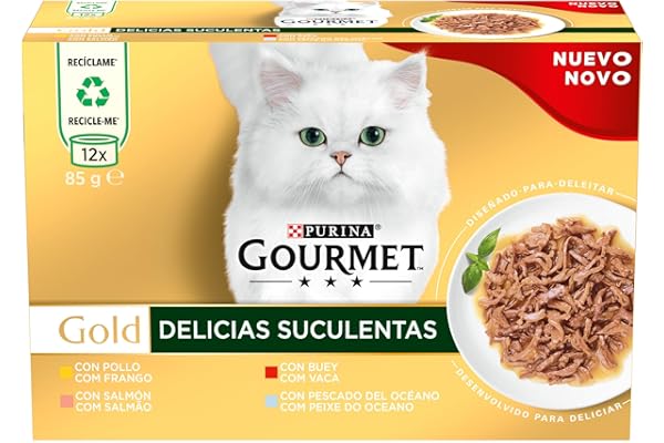 GOURMET Gold Delicias Suculentas, Comida Húmeda para Gato Adulto, Trocitos en Salsa, Surtido de Pollo, Salmón, Buey y Pescado del Océano, 8 Packs de 12 Latas de 85 g. (96 latas)
