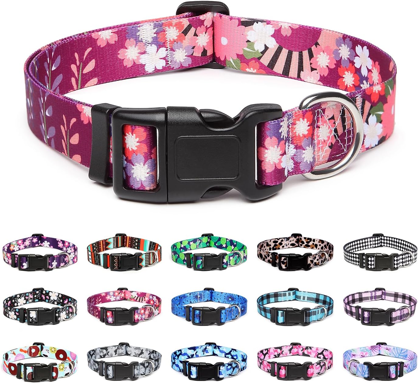 Mercano Collar para Perros Ajustable y Resistente - Patrones de Diseño Especial, Cómodo Nylon Suave para Perros Pequeños Medianos Grandes (S, Flores Vistoso)