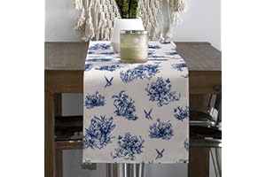 STARUBY Linen Table Runner, 40 X 240 cm Long, Rustic Table Runners for Farmhouse Decor, Home Party Kitchen Dining Coffee Table Decoration Blue