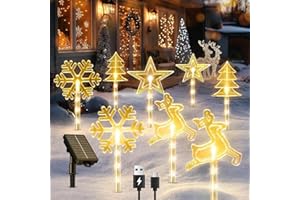 RECHOO Solar Outdoor Christmas Decorations, 8 Pack Warm Christmas Lights with 10 Modes, USB Rechargeable Waterproof LED Christmas Pathway Lights for Indoor Outdoor Garden Yard Gift