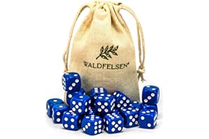 Waldfelsen 6, 12, 20, 30 or 50 High Quality Dice Standard Size 16 mm Acrylic Dice Puzzle Game Cube Dice 6-Sided Six Sided Game Accessories Set with Fabric Bag (Blue, 20 Pieces)