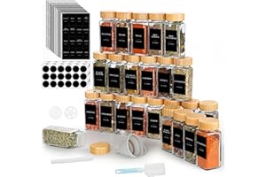 Otoomenz 24 Spice Jars with Bamboo Lids, 120ml Kitchen Glass Spice Containers with 246 Label, Pen, Hose Brush, Silicone Funnels, Spice Square Bottles for Home Kitchen Spice, Seasonings
