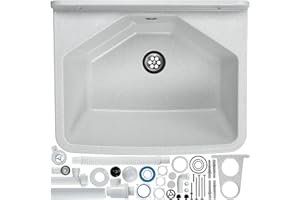 gospo Ausgussbecken mit Siphon, 46 x 37 x 20 cm, Waschbecken aus Kunststoff, Waschtrog für Garage, Keller, Waschküche, Werkstatt, Wandmontage, in Platte, Spülbecken inkl. Zubehör (weiß)