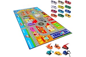 Booooom Jackson Kids Car Rug Play Mat With 18 Cars Colorful Non Slip Kids Rug Cars for Kids Age 3+ Car Mat for Kids Toy Cars Kids Play Rug City Car Road Mat Kids Carpet Playmat Rug