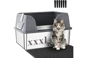Suhaco Extra Grande Boîte à Litières en Acier Inoxydable avec Couvercle Boîtes à Litières pour Chats de Côté Haut Toilette pour Chats en Métal (Gris XXXL)