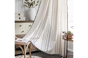 Sutuo Home Boho Curtain 63 Inches Length for Bedroom, Printed Cotton Linen Geometry Rod Pocket Chic Semi Blackout Bohemian Tassels Window Treatment for Living Room, 1 Panel 59" W x 63" L, Black