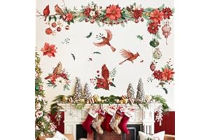 SHUCHING XXL Pegatinas Navidad Pared Flores Rojas, Vinilos Adhesivos Navidad Flores y Pájaros para Salon Dormitorio Puerta Ventanas Fiesta