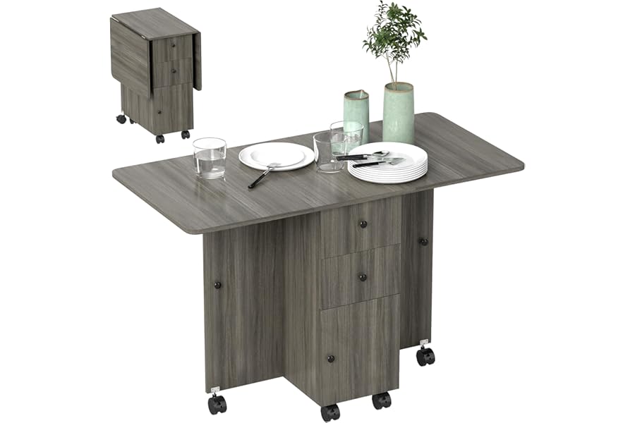 HOMCOM 60-120 cm Folding Dining Table for 4-6, Rolling Drop Leaf Table on Wheels with Storage Drawers, Cabinet and Open Shelf for Small Spaces, Kitchen, Dining Room, Flat, Grey