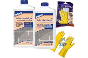‎SANITÄRSHOP BAUSTOFFE & SANITÄR zbs24 Lithofin KF Intensivreiniger, Grundreiniger und regelmäßiger Unterhaltsreiniger, stark beanspruchter Flächen aus keramischen Fliesen und Feinsteinzeug, inkl. Latex Handschuhe Gr. 8 (2 Liter)