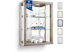 ‎K-MÖBEL K-Möbel Wandvitrine (80x60x25cm) - Made in Germany - Glasvitrine hängend mit 2 höhenverstellbaren Glasböden aus ESG, Spiegel & LED in Sonoma Eiche - Schrank mit Glastüren - Hängevitrine
