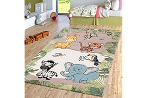 TT Home Tappeto per la camera dei bambini, beige e crema, con gli animali della giungla: giraffe, leoni, scimmie e zebre, Dimensione:120x170 cm