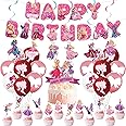 38PCS Pink Birthday Decorations, Theme Princess Party Supplies for Girls and Boys Birthday Party, Girls Birthday Decorations Pack with Pink Cake Topper Balloon Banner Swirls