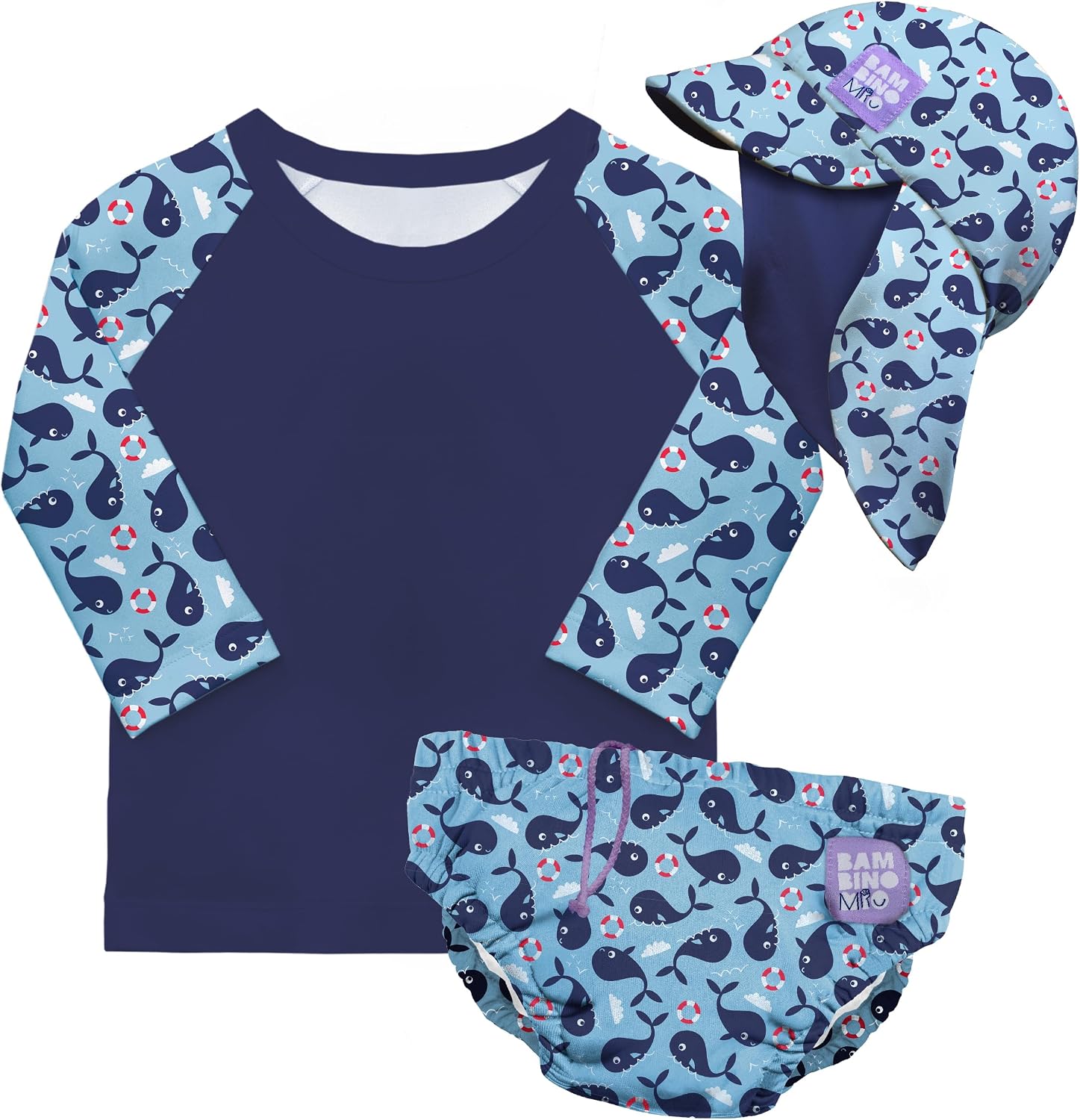 Bambino Mio Conjunto de pañales de natación reutilizables para bebé y niño pequeño unisex (1-2 años) BALLENA AZUL, protección UPF 40+ | pañales de baño, camiseta y gorro de baño