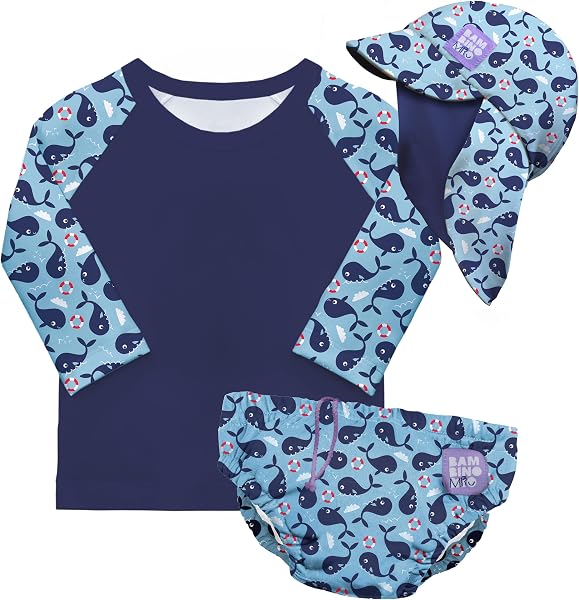 Bambino Mio Conjunto de pañales de natación reutilizables para bebé y niño pequeño unisex (1-2 años) BALLENA AZUL, protección UPF 40+ | pañales de baño, camiseta y gorro de baño - 1