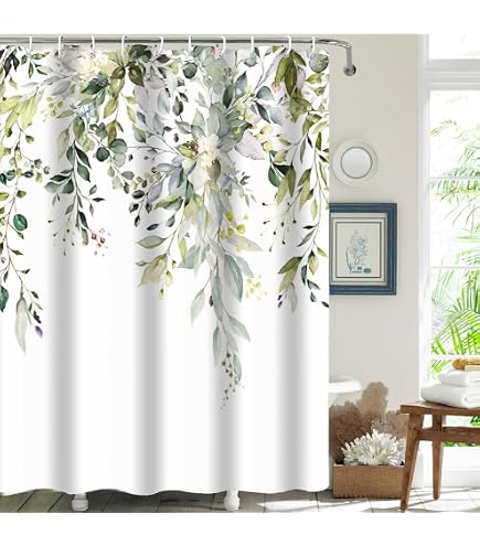 EOBTAIN Duschvorhang 'Get Naked' Mit Eukalyptus Blättern - Wasserdicht, 183x183 Cm, Inkl. Haken