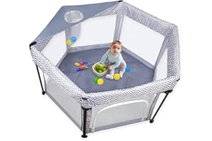 Kisdream Laufstall baby Mit Matratze Laufgitter: 6-eckig mit Weiche Matratze, Tragbarer Faltbarer Abnehmbarer Baby-Sicherheitslaufstall, Absperrgitter mit Atmungsaktivem Netz,Grau