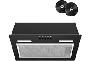 FIREGAS 52cm Integrated Cooker Hood,Built-In Extractor Fan with 350m³/h, Brushless Motor,3 Speed,A Energy Rating,LED Lighting, 5 Layer Aluminium Filter & Carbon Filter, Black Extractor Hood