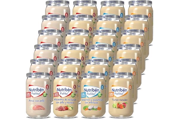 Nutribén Pack de 24 Potitos variados | Arroz con Pollo | Menestra de Verdura con Pollo y Ternera | Guisantes con zanahorias y merluza | Frutas Variadas - Desde los 6 Meses - 24 x 235gr