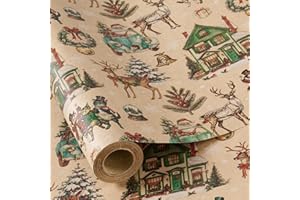 RUSPEPA Rollo De Papel De Regalo Navideño Para Niños Y Niñas, Diseño De Escena Navideña Vintage Con Papá Noel, Reno, Papel De Regalo Kraft Para Y Fiestas De Invierno. 43,2Cm X 5M