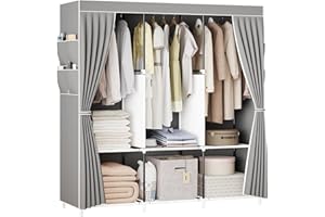 SMILOVII Canvas Wardrobe, Foldable Closets Portable wardrobe, Versatile Foldable wardrobes with Shelves and 3 Hanging Rails, Stylish Clothing Wardrobe with wardrobes for bedroom - Gray