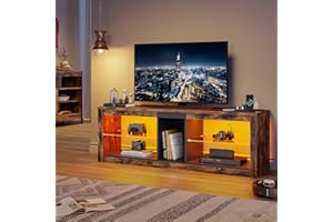 Bestier 140cm TV Stand Cabinet for 55/65 Inch TVs – Modern Entertainment Unit with RGB LED Lights, Glass Shelf, 3 Power Outlets & 2 USB Ports, Rustic Brown TV Unit for Living Room or Bedroom