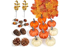 Miaikoe 51 PCS Künstliche Kürbisse, Herbst Ernte Dekorationen mit Eicheln, Kiefer, Beeren, Ahornblätter für Bauernhaus Herbst Thanksgiving Halloween Dekoration