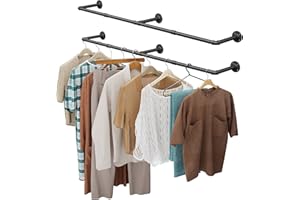 OROPY Industrial Pipe Clothes Rail, Set of 2, 167cm Wall Mounted Detachable Retro Metal Clothing Rail for Hanging Clothes, Heavy Duty Clothes Rail for Bedroom Storage, Black (3 Base)