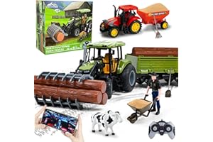 Joellfuner 2,4 GHz Tractor Teledirigido con Remolque, Tractors de Granja Vehículos con Volquete, Tractors Pequeño, Carga Frontal y Conjunto de Animales, Tractor Agrícola Juego para Niños