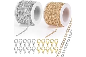 GOTDYBST 2 StüCk 10 M Gliederkette Meterware, Gliederkette EnthäLt 20 KarabinerverschlüSse, Ketten Basteln, Nicht Leicht Zu Verblassen, Chain FüR Schmuck DIY (Gold Und Silber)