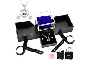 UUEMB Eternal Rose, Blue Preserved Roses with Heart Necklace and Earrings, Handmade Gift Box, Valentine's Day, Mother's Day, Anniversary, Birthday Gifts for Mother, Wife, Sister