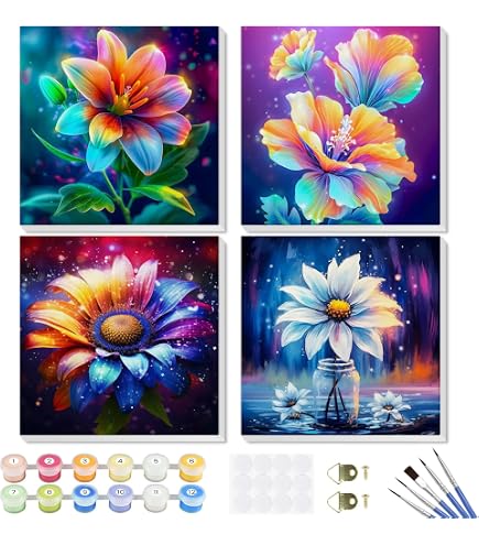 SupaDiya Malen Nach Zahlen Set – 4 Bilder, 20,3x20,3 Cm, Mit Rahmen | Für Erwachsene & Anfänger