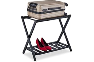 Relaxdays Soporte Maletas Bambú, Reposamaletas Plegable, 59x68x40 cm, Taburete Equipaje Madera con Balda, Hotel, Negro
