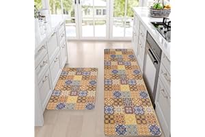 Alishomtll Kitchen Mats Sets, 2 Piece PVC Kitchen Rugs, Waterproof Non-slip Anti-Fatigue Stain-Resistant Vintage Kitchen Runner Washable Standing Mats for Home Office Floor 44x75+44x150cm