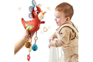 TUMAMA KIDS Dinosaur Plush Rattle Toy,Baby Stroller Car Seat Hanging Toys,Soft Squeaky Toys Built-In Wind Chimes,Sound Paper,Bb Device,Crib Travel Activity Toy Gift for Infant 0,3,6,9,12 Months (Triceratops)