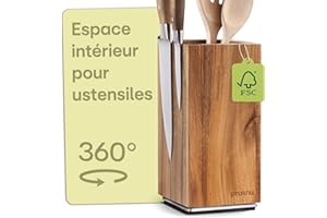 Praknu Bloc Couteaux Magnétique - 360° Rotatif Sans Couteaux FSC® Bois d'Acacia avec Espace pour Ustensiles de Cuisine - Aimant Puissant des Deux Côtés - Antidérapant