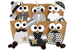 Papierdrachen DIY kalendarz adwentowy do wypełnienia - Sowy Boże Narodzenie 2021 - zestaw czarno-biały z dodatkowymi ozdobami - do samodzielnego majsterkowania - dla dzieci i dorosłych.