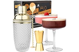Vemacity Cocktail Set– Glas Cocktail Shaker (500ml) + 2 Espresso Martini Gläser mit Goldrand, Bar Spoon & Jigger | Barkeeper-Set | Cocktailgläser + Cocktailshaker | Ideal für Weihnachten und Neujahr