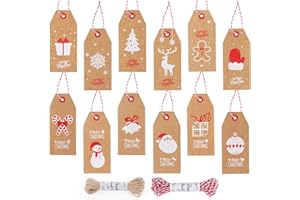 CHARM FOOT ilauke Geschenkanhänger für Weihnachten 120 Stück Weihnachtsetiketten Geschenkanhänger mit Jute Schnur und Bäcker Schnur 20M, Weihnachten Kraftpapier Etiketten Anhänger für Geschenkpapier Verpackung