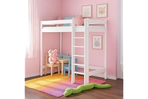 MEBLE WRÓBEL Łóżko dziecięce 80 x 160 cm ze stelażem listwowym, drewniane łóżko piętrowe na antresoli z barierką i drabinką, dla dzieci i młodzieży, białe, bez materaca, wysokość 160 cm