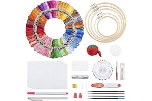 Noa Home Deco Kit de broderie, 100 couleurs de fil à broder, 5 cadres en bambou, 3 pièces en tissu de point de croix, aiguilles à coudre, kit de point de croix pour bricolage adulte débutant